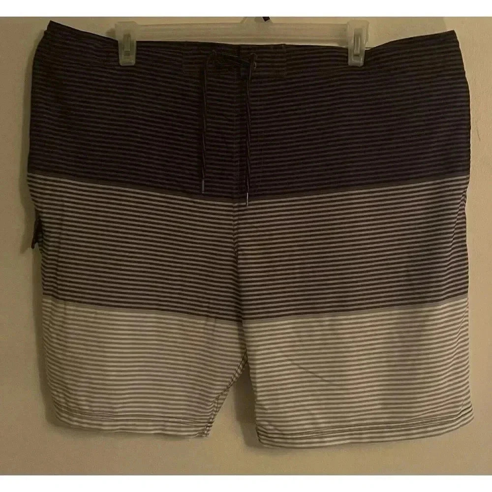George Mens Black Gray Striped‎ Board Shorts Swim Trunks Lined 3XL 48-50